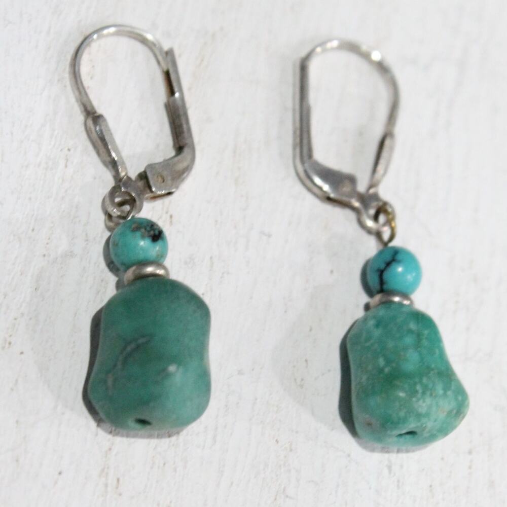 Handmade Sterling Silver 925 & Natural Turquoise Dangle Leverback Earrings